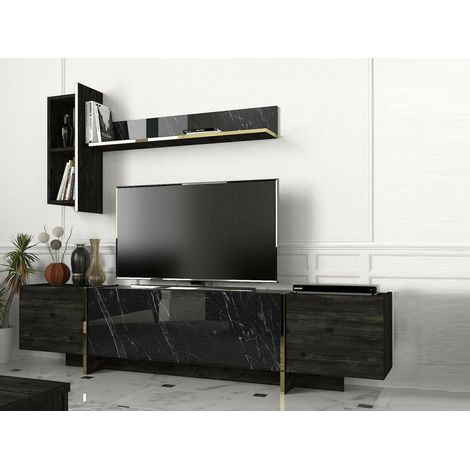 Dmora - Fernsehschrank Neptura, Ständer für Wohnzimmerfernseher, Niedriges Wohnzimmer-Sideboard, TV-Ständerbasis, 180x32h45 cm, Schwarz und Gold, mit verstärkter Verpackung (1/5)