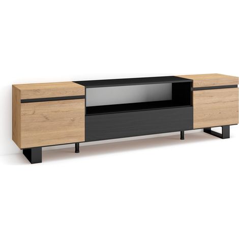 Skraut Home – Meuble TV avec rangement pour TV jusqu'à 80" – Dimensions 200x35x57cm – Design industriel en chêne et noir (1/5)