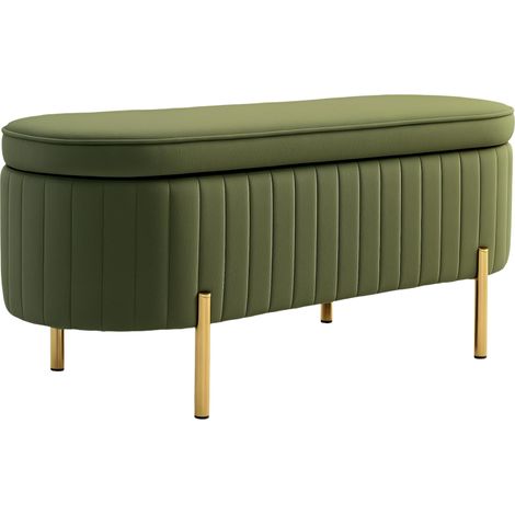 Banc avec couvercle à charnières et espace de rangement, revêtement en tissu, bois, métal, vert foncé et or (1/5)