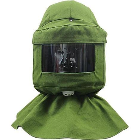 Campana para chorro de arena, bufanda para chorro de arena, máscara cortavientos, máscara para chorro de arena, herramientas de protección contra el polvo, mascarilla facial, lona verde + casco protec (1/5)