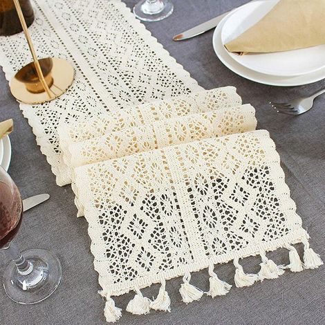 Camino de mesa de macramé, encaje floral hueco en mezcla de algodón con borlas para decoración de mesa de boda, fiesta nupcial, decoración de mesa de comedor, funda de cama (tamaño: 24 (1/5)