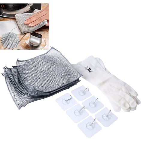 Récurettes de cuisine multidimensionnels Chiffons métalliques réutilisables sans rayures 10pièces avec crochets et gants pour évier comptoirs plaques de cuisson (1/5)