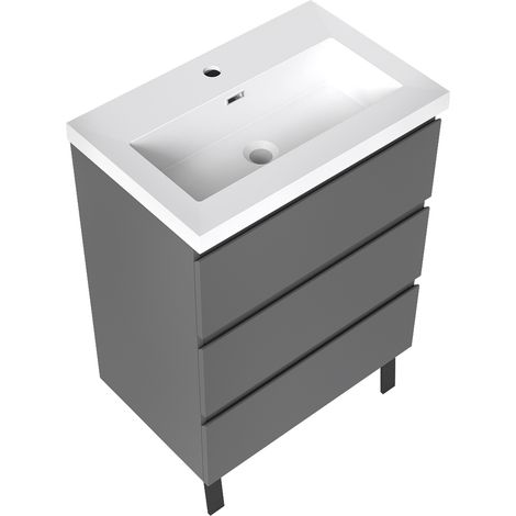 Meuble de Salle de Bain 60cm avec 3 tiroirs + 2 Pieds, Meuble simple vasque, Anthracite