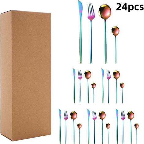 (Ensemble de 24 pièces - couleurs arc-en-ciel) Ensemble de couverts en acier inoxydable (couteaux, fourchettes, cuillères)