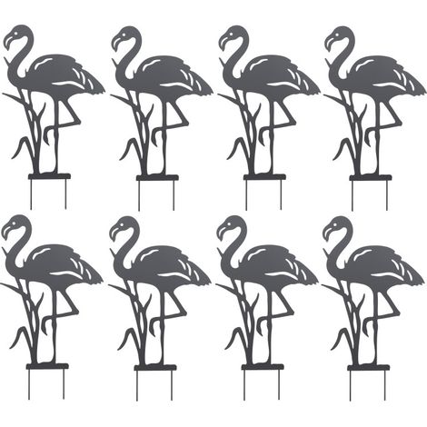 Lot de 8 Décorations de Jardin Flamant Rose en Métal Noir à Planter 37 x 66 cm - Livraison gratuite