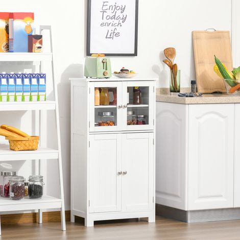 Mueble de baño, mueble de baño que ahorra espacio con 2 armarios y puertas de cristal, mueble de pie con estante ajustable para comedor, sala de estar, salón, cocina, 60x30x108,5 cm, blanco