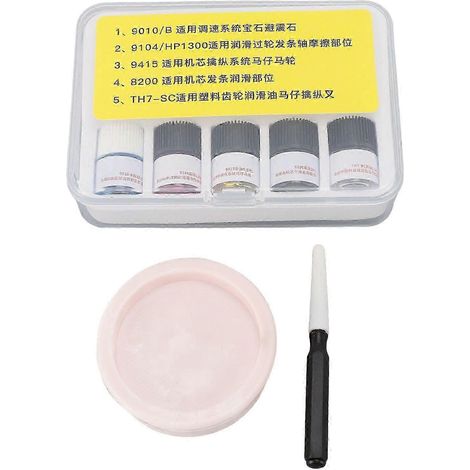 Lot de 5 flacons de lubrifiant synthétique pour montres, outil de réparation et d'entretien, huile pour mécanismes d'horlogerie avec stylo et godet, version améliorée, coffret de 5 flacons d'huile imp (1/5)
