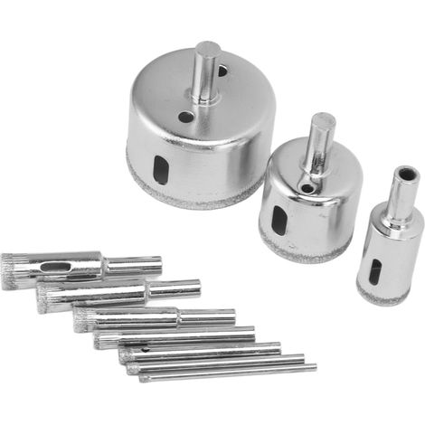Lot de 10 forets diamantés pour la découpe du verre, du carrelage, de la céramique, du marbre et de la porcelaine (diamètres : 3, 4, 5, 6, 8, 10, 12, 18, 32 et 50 mm). (1/5)