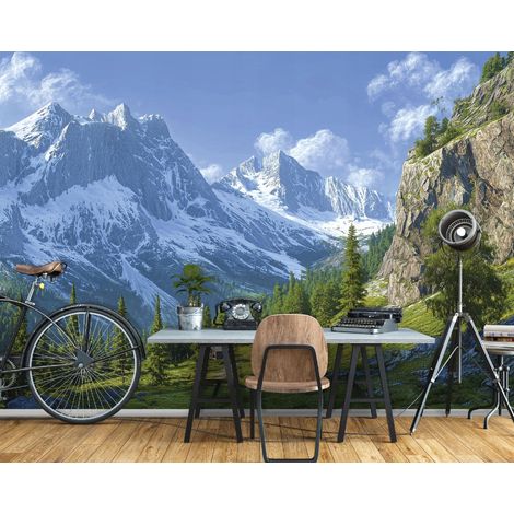 Fototapete Berge Natur Landschaft 3D-Optik, für Wohnzimmer und Schlafzimmer, 400 x 280 cm – Komplettset inkl. Kleister & Anleitung