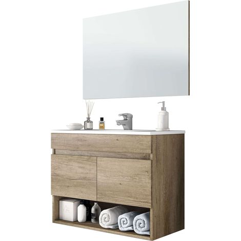 Mueble de Baño Suspendido con 2 Puertas y Espejo, Módulo Colgante con Lavabo PMMA Roble Nordik 80x64x45 cm