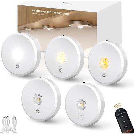 Puck Lights with Remote Control Rechargeable, Wireless Under Cabinet Lighting, 2000mAh Battery Operated Tap Push Touch Lights (White, 5 Pcs) (1/5)