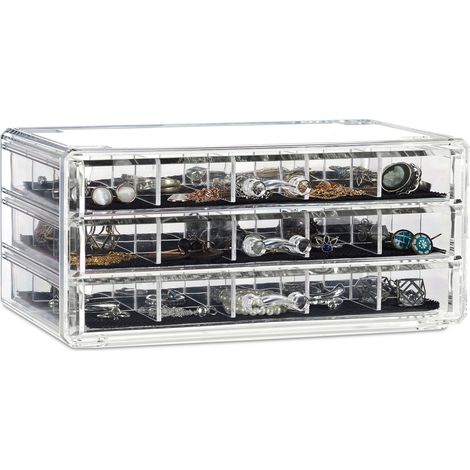Relaxdays Organizador para maquillaje, Acrílico, Tres Cajones, Caja de Almacenaje, Transparente