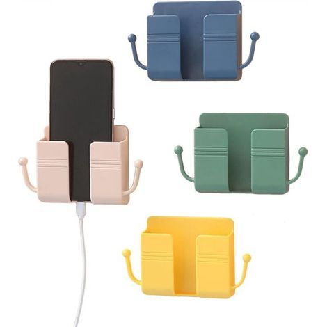 Wall-mounted phone holder, remote control organizer, 4-piece ABS wall-mounted mobile phone holder with hook for mobile phone charging, adhesive (1/4)