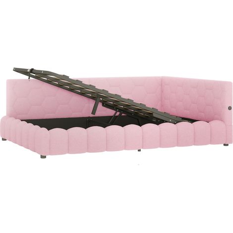 Letto banquette 140 x 200 cm rosa con rete, LED, USB-C, sollevamento idraulico, HOMVRA (1/5)