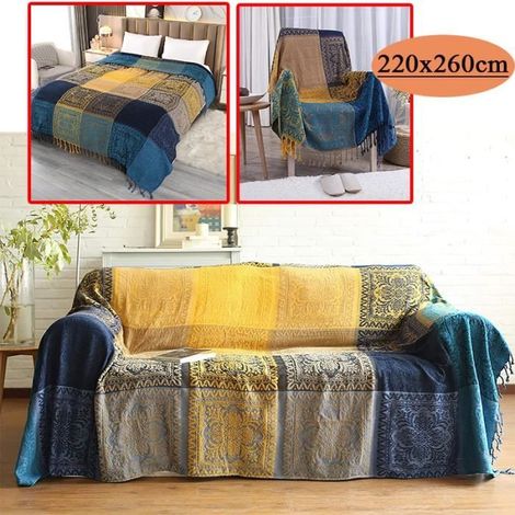 Chenille Jacquard Tassels Jeter Couverture Canapé Chaise Nappe - Motif Tribal Coloré -220 x 260 cm (1/4)