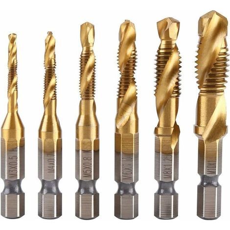 Satz mit 6 Gewindebohrern, 1/4"-Sechskantschaft M3-M10, titanbeschichteter HSS-Bohrer und -Gewindebohrer, metrische Gewindebohrer (1/5)