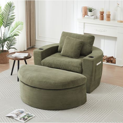 Sillón lounge modular verde de pana con puf, almacenaje y portavasos - CHICFURN (1/5)