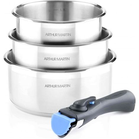 Arthur Martin – Lot de 3 casseroles inox 16-18-20 cm – Poignées amovibles – Revêtement anti-adhésif – Compatible induction