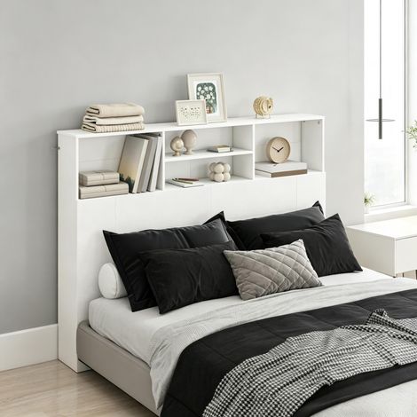 Tête de lit avec rangement pour lit de 140 cm, accessoire de tête de lit avec 4 compartiments ouverts (tête de lit seule) (1/5)