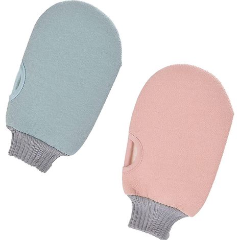 Set mit 2 Peelinghandschuhen, rosa und blau. Doppelseitig, zum Tragen.