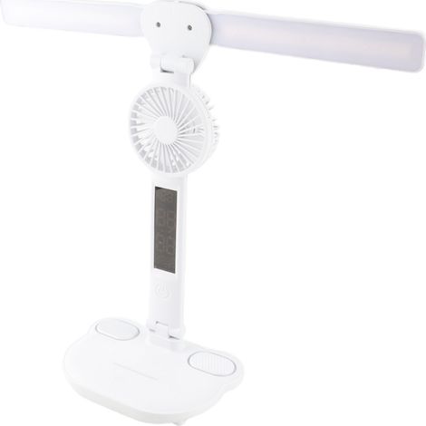 Lampe de bureau LED avec ventilateur, horloge et porte-stylos, commande tactile, affichage de la température, de l'heure et de la date, réglage de la température de couleur (3000K-6000K), intensité va (1/5)