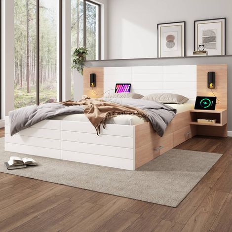 Lit double 180 x 200 cm en bois chêne et blanc avec tête lumineuse usb, 2 tiroirs et 2 tables de chevet, sans matelas (1/5)