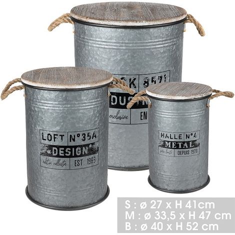 Lot de 3 tables d\'appoint bidons vintage en métal "Loft & Metal" - Argenté - D 27/33,5/40 x H 41/47/52 cm - Livraison gratuite