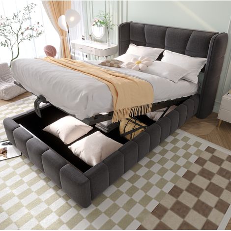 Letto imbottito in tessuto grigio 90x200 cm con contenitore e testiera, struttura in metallo (1/5)