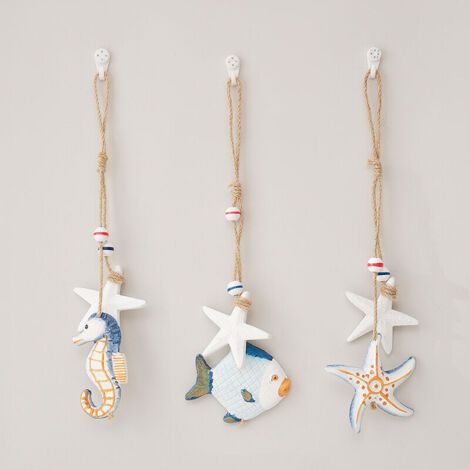 Pair Lntyq 3X décoration à Suspendre en Bois avec étoile de mer, Poisson - Coquillages décoratifs à Suspendre - décoration à Suspendre Maritime pour la Maison