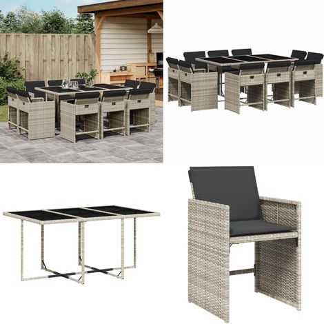 11-tlg. Garten-Essgruppe mit Kissen Hellgrau Poly Rattan - Gartentisch - Esstisch - Gartenmöbel - Outdoor Möbel - Terrassenmöbel - Home & Living