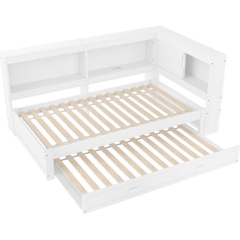 Cama nido 90 x 200 cm con cama extraíble, LED, enchufe, USB-C y USB, blanca (1/5)