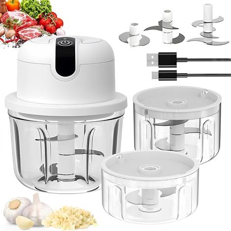 Hachoir électrique de cuisine Hachoir à ail Recharge USB Hachoir à légumes Mini robot culinaire Petit hachoir électrique pour viande, oignon, ail (100+250+350 ml) (1/5)