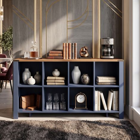 Creahappy Buffet Bas Ouvert 140x34x75 cm - Meuble Rangement 8 Casiers Gain de Place - Style Industriel MDF - Bleu et Bois (1/5)