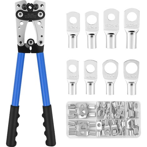 Crimping Pliers, Crimp Terminals 10-1/0 Awg 6/10/16/25/35/50 mm² with 60 Pieces Copper Lugs of 8 Sizes for Heavy Duty Battery Cables (1/5)