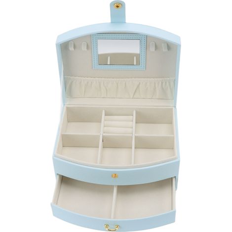 Boîte à bijoux de voyage portable à 2 compartiments en cuir PU avec fermoir et poignée pour boucles d'oreilles et colliers (bleu) (1/5)