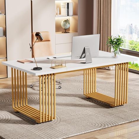 Tribesigns – Bureau droit 180 x 80 x 78 cm – Table de travail moderne en bois et métal – Pieds dorés – Pour bureau à domicile et salle à manger – Blanc et or
