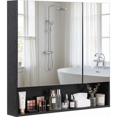 Armoires de salle de bain à miroir avec organisateur de bijoux, 2 portes à miroir, armoire de rangement murale pour toilettes avec étagère réglable, 62 x 14 x 65 cm, noir (1/5)