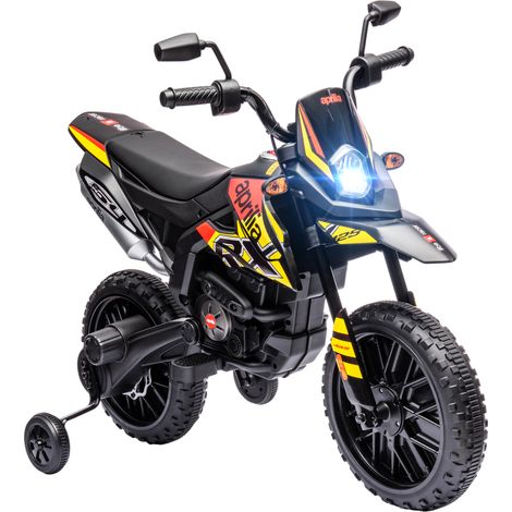 12V Aprilia Licensed Kids Motorbike with Training Wheels, Spring Suspension, LED Headlight, USB, Music, Yellow/black (1/5)