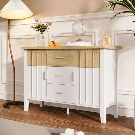 Sideboard, Kommode mit Türen und Schubladen, Design in Weiß und Holzfarbe, 120 x 40 x 80 cm (1/5)