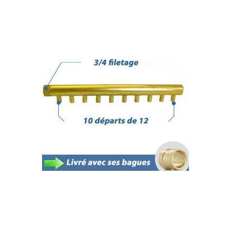Collecteur 3/4" (20/27) Mâle-Bouchonné 10 piquages à glissement pour tube PER diamètre 12 compris 10 bagues de 12 (1/5)