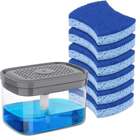ALLIANDISDistributeur de Savon à Vaisselle avec Porte-éponge et Ensemble d'éponges à récurer, Distributeur de Savon de Cuisine avec Grande capacité de 30 oz, Paquet de 6 éponges à Vaisselle incluses