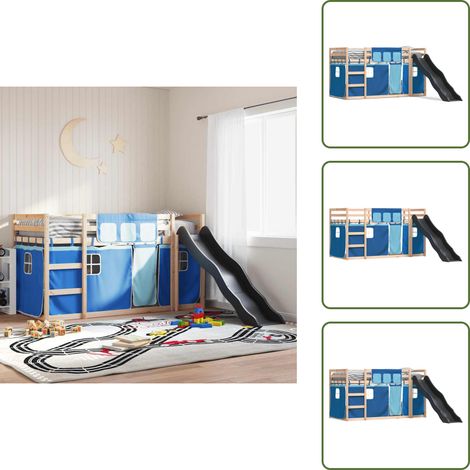 Cama con cortinas - vidaXL Litera con tobogán y cortinas azul 90x190 cm - Cama de madera