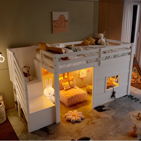 FLORAGRACE Letto a soppalco 90x200 cm in MDF bianco con scala contenitore, finestra e LED, bianco, per camere funzionali (1/5)