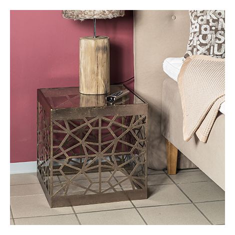 Table d'apoint carrée 50x50 cm en verre et métal bronze antique