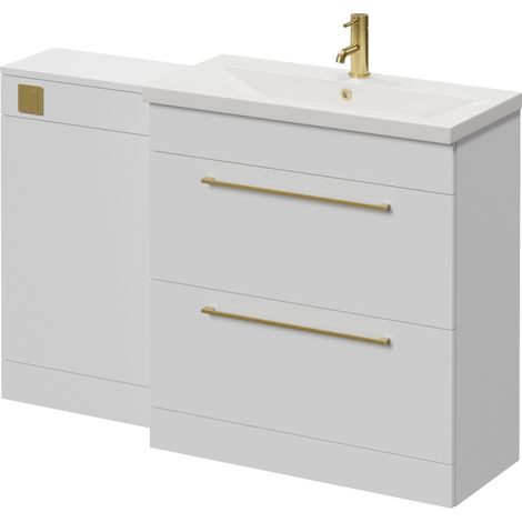 Napoli 390 Gloss White 1300mm 2 Drawer Vanity Unit Toilet Suite with Glide Basin - 1300mm - Brushed Brass 480mm HandleWithout Kingston Toilet Pan