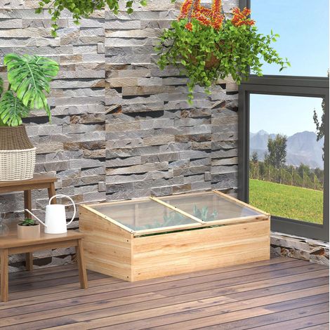 Invernadero de madera 100 x 50 x 35/26 cm con tapa abatible, policarbonato natural HAVRYA (1/5)