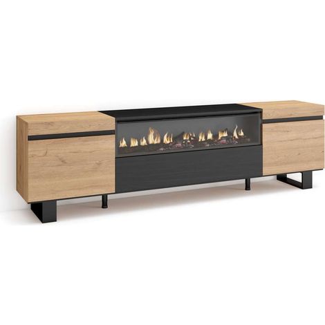 Mueble TV Manilva-01 de 200x57x35 cm con chimenea eléctrica, diseño industrial, color roble y negro (1/4)