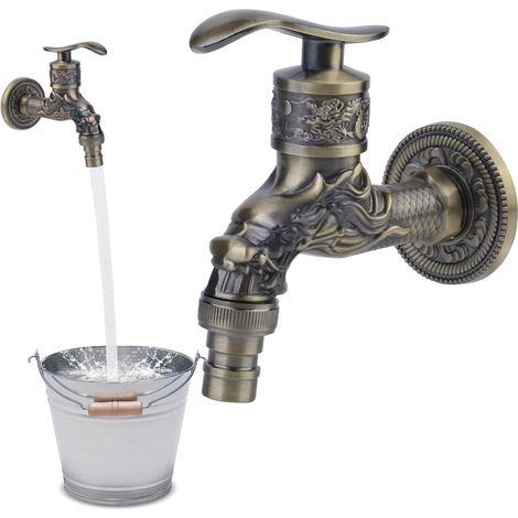 Lntyq VINTAGE ANTIQUE Garten Wasserhahn: Antiker Wand Wasserhahn Geschnitzter Drache Messing Wasserhahn (1/5)