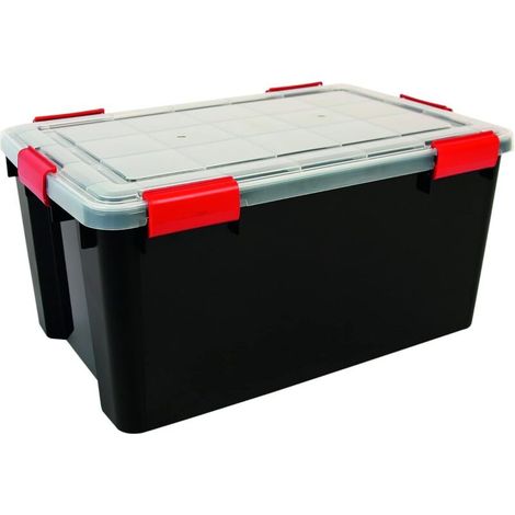 Lot de 2 Boîtes de Rangement, Hermétiques, Clips, 50L, Empilable , Garage, Cave, Grenier - Air Tight Box AT-L - Noir (1/4)