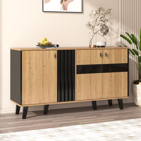 Buffet de 140 x 78,5 x 41 cm,buffet coordonné en bois et noir avec espace de rangement,meuble avec lumière LED et verre,polyvalent